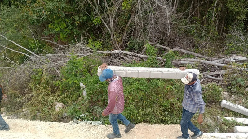 Transporting concrete posts to the work site · Tren Maya